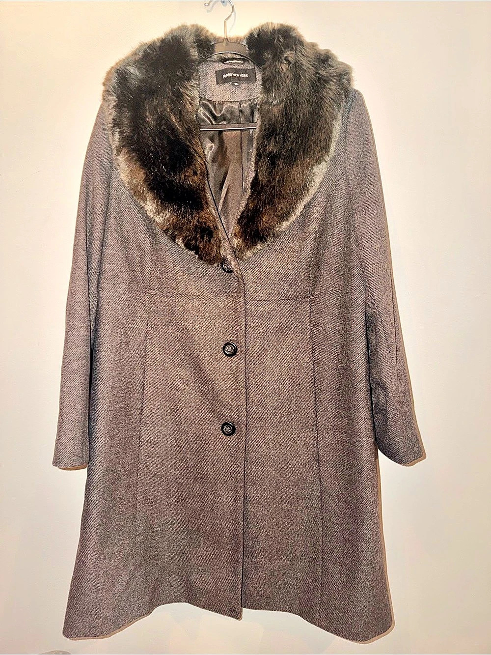 Jones New York Gray Wool Blend Coat Faux Fur Collar Button Winter Jacket Sz 0X